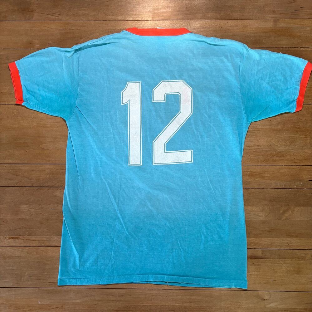 Vintage 70s 80s Ringer Tee Light Blue Orange Trim #12 Single Stitch T-Shirt - Picture 2 of 8